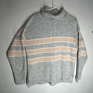 Caslon Women's Small Pink and  Gray Chunky Turtleneck Pullover Striped‎ Sweater